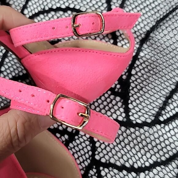 Neon Pink Suede Open Toe Heels - Picture 7 of 10
